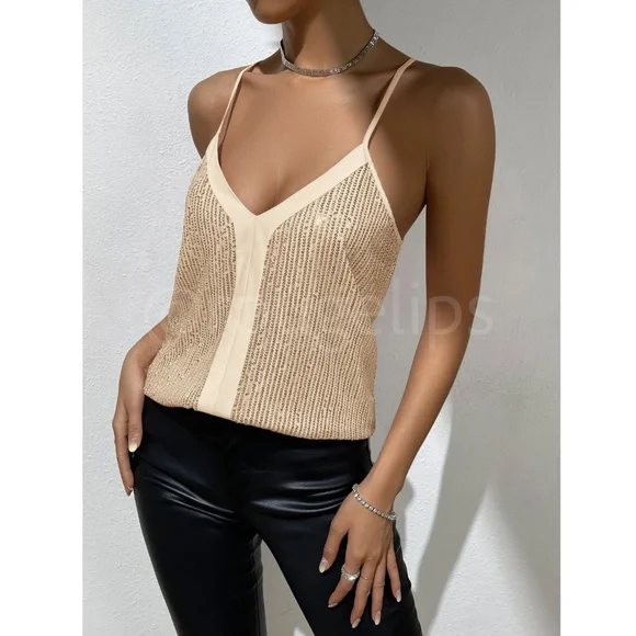 Sequin Detail Champagne Gold Cami Top - Picture 5 of 10